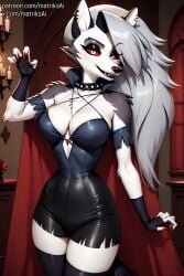 ai_generated big_breasts breasts canine castle cleavage dress fangs female female_only giant_breasts hellhound helluva_boss large_breasts lingerie loona_(helluva_boss) seductive seductive_look seductive_smile shorts solo vampire wolf