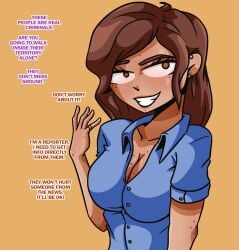 brown_eyes brown_hair button_down_shirt button_up_shirt buttoned_shirt ear_piercing english_text freckles freckles_on_arms freckles_on_breasts freckles_on_face imminent_death long_hair news_reporter original_character overconfident piercing rattminded smile smile_at_viewer smiling tan_skin tan_skinned_female text