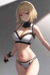 ai_generated bikini blonde_female blonde_hair curvy_figure drag-on_dragoon_3 drakengard_3 large_breasts looking_at_viewer one_(drag-on_dragoon) one_(drakengard) pale-skinned_female red_eyes short_hair smile white_bikini