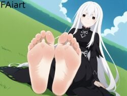 ai_generated echidna_(re:zero) faiart feet foot_fetish foot_focus looking_at_viewer pale_soles re:zero_kara_hajimeru_isekai_seikatsu sitting soles toes white_hair