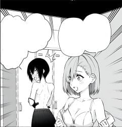 2.5_jigen_no_ririsa amano_ririsa back_view bare_arms bare_shoulders big_breasts black_and_white black_hair blush bra breasts changing_room cleavage collarbone embarrassed hashimoto_yuu manga nonoa_(2.5_jigen_no_ririsa) official_art open_mouth removing_shirt short_hair skirt smile sweatdrop topless underwear undressing unhooked_bra