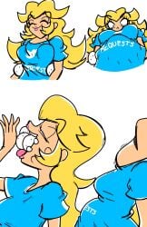 anonymous_character big_belly blonde_hair blue_shirt dp1up giantess long_shirt mario_(series) multiple_prey pink_lips princess_peach swallowing swallowing_bulge throat_bulge vore