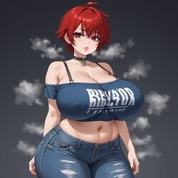 ai_generated big_ass big_breasts chubby crop_top emo goth jeans red_hair short_hair wide_hips