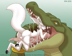 2015 anthro balls body_in_mouth bracelet canine crocodile crocodilian ear_piercing etheras female fennec fox gaping_mouth ifus imminent_vore jewelry larger_female male mama_mambra mammal oral_vore piercing reptile saliva scalie sharp_teeth simple_background size_difference teeth tongue tongue_out vore