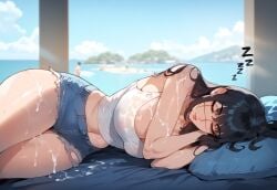 after_sex ai_generated beach bed_sheet bedroom big_ass big_breasts black_hair chainsaw_man clothed cum_on_body curvy_female jean_shorts mitaka_asa miyuai satisfied scar scar_on_face see-through_shirt short_shorts shorts sleeping tank_top thighs tired wet_shirt window yoru_(chainsaw_man)