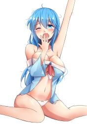 aqua_(konosuba) arm_up armpits ass_visible_through_thighs bare_arms bare_belly bare_legs bare_shoulders bare_thighs belly_button big_breasts blue_eyes blue_hair blush breasts cleavage collarbone goddess kono_subarashii_sekai_ni_shukufuku_wo! long_hair messy_hair midriff mistynight nightgown no_bra one_eye_closed open_clothes open_mouth panties shiny_skin sitting sleepwear tears thighs underboob underwear wariza white_panties yawning