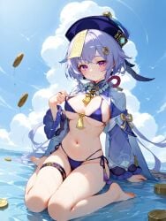 absurd_res aged_up ai_generated barefoot bikini blush breasts feet genshin_impact micro_bikini ministro qiqi_(genshin_impact) wet