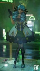 3d blue_hair dress female female_only gwen_(league_of_legends) league_of_legends looking_at_viewer otaviox6 riot_games smiling smiling_at_viewer solo_female solo_focus standing