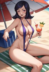 ai_generated beach bikini black_hair breasts covered_nipples curvy_figure female large_breasts maya_amano micro_bikini navel pale-skinned_female pale_skin persona_2 persona_2_eternal_punishment persona_2_innocent_sin smile violet_eyes