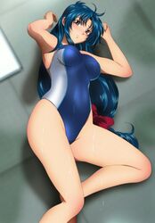 1girls arms_up ass blue_hair blue_swimsuit blush bow breasts brown_eyes chidori_kaname competition_swimsuit embarrassed female female_only full_metal_panic hair_ribbon human legs long_hair looking_at_viewer lying one-piece_swimsuit shy solo swimsuit thighs very_long_hair wet wide_hips yadokari_genpachirou