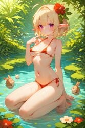 absurd_res aged_up ai_generated barefoot bikini blush breasts feet genshin_impact klee_(genshin_impact) micro_bikini ministro wet