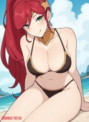 ai_generated beach bikini bubbleteexl circlet cleavage green_eyes huge_breasts kneeling licking_lips looking_at_viewer neckwear pyrrha_nikos red_hair rwby seaside thick_thighs voluptuous