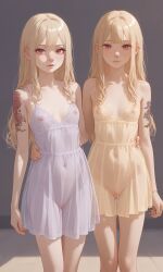 2girls ai_generated bangs blonde_hair covered_nipples dress female identical_twins navel nose_piercing original_character pale_skin petite red_eyes see-through see-through_clothing septum_piercing skinny small_breasts tattoo translucent_clothing twins