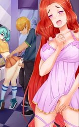 1boy 2girls aim-e_sparks_(booty_calls) andriella_(booty_calls) bent_over blonde_hair booty_calls choker cyan_hair female female_masturbation gamer_girl light-skinned_female male masturbation nutaku pink_dress pink_eyes purple_eyes red_hair skirt small_breasts tagme teal_hair