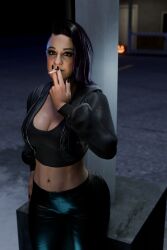 1girls 3d bayley bayley_(wwe) black_fingernails black_pants black_topwear blender cigarette enigmaj female_focus female_only jacket_open latina_female looking_at_viewer smoking solo_female wwe wwe_diva