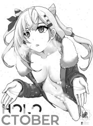 1girls black_and_white coat convenient_censoring female grayscale holoctober hololive hololive_indonesia jacket landacdeus long_hair looking_up mostly_nude naked naked_coat naked_jacket nude snow snowing solo vestia_zeta virtual_youtuber vtuber