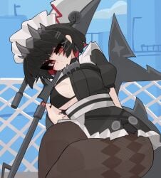 bra ellen_joe flashing hoyoverse maid_headdress maid_uniform materenho public shark_girl shark_tail showing_breasts underwear zenless_zone_zero