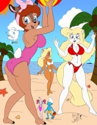 animaniacs beach beach_ball bikini bonkers casey_kelp crossover fawn_deer kitten_kaboodle minerva_mink multiple_girls nuemek smurf snorks talespin the_smurfs