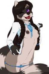 2018 alpha_channel anthro black_hair black_nose braided_hair breasts cheshirecatsmile37 clothed clothing fangs female front_view fur grey_fur hair hi_res long_hair looking_at_viewer mammal mask_(marking) nipples one_eye_closed open_mouth open_shirt panties panties_down portrait procyonid purple_eyes pussy raccoon ringed_tail simple_background solo standing teeth three-quarter_portrait tongue tongue_out transparent_background underwear wink