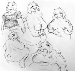 anthro big_breasts black_and_white boss_monster breasts caprine clothed clothing duo erection fellatio female floppy_ears fully_clothed glacierclear guide_lines hi_res horn male mammal monochrome navel nipples nude open_mouth open_smile oral overweight penis sex short_tail sketch slightly_chubby smile solo toriel undertale video_games