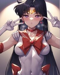 1girls ai_generated bishoujo_senshi_sailor_moon black_hair blush bow breasts choker circlet clothing covered_navel covered_nipples double_v earrings elbow_gloves female heart-shaped_pupils heart_choker heart_earrings heavy_breathing long_hair looking_at_viewer medium_breasts notreallyhere parted_lips peace_sign purple_eyes rei_hino sailor_mars sailor_senshi_uniform simple_background small_breasts solo sweat upper_body v_sign