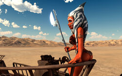 1girls 2015 3d ahsoka_tano alien alien_girl armband back_view balcony bantha-ii_cargo_skiff bare_shoulders big_breasts blue_eyes bracer busty butt_crack choker curvy eyelashes female female_only holding_object hourglass_figure humanoid kondaspeter mammal marking metal_bikini midriff orange_skin outdoor outside pose posing shadow shiny shiny_skin slave_ahsoka slave_bikini solo standing star_wars star_wars_rebels tatooine togruta vibro_axe voluptuous weapon wide_hips