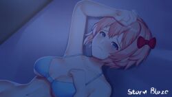 before_sex bra doki_doki_literature_club imminent_sex looking_at_viewer on_back on_bed sayori_(doki_doki_literature_club) stormblaze76