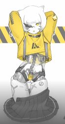 high_quality horns machine no_panties one_eye_closed robot robot_girl skirt skirt_down translucent white_background white_hair white_skin yellow_eyes yellow_jacket_(clothing)