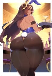 1female 1girls ai_generated anemoi ass ass_focus back_view bar_(place) big_ass big_butt booty bunny_ears bunny_girl bunny_tail bunnysuit curvaceous curvy curvy_female curvy_figure drinks female from_behind from_below headgear headwear league_of_legends leona_(league_of_legends) looking_at_viewer looking_back pantyhose playboy_bunny riot_games solo solo_focus thick_ass thick_thighs waitress