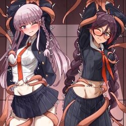 2girls arms_up bakasp-lilzy black_hair black_jacket black_ribbon black_skirt blush bound bound_arms braid collared_shirt cowboy_shot danganronpa danganronpa:_trigger_happy_havoc danganronpa_(series) frown fukawa_toko fukawa_touko glasses grey_hair groin hair_ribbon highres jacket kirigiri_kyoko kirigiri_kyouko long_hair long_sleeves miniskirt multiple_girls navel necktie open_clothes open_jacket orange_necktie pleated_skirt rape restrained ribbon round_eyewear shirt side_braid skirt tentacle tentacle_sex twin_braids twintails white_shirt