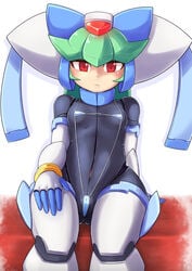 1girls android armor armored_boots bikini bikini_bottom bikini_top breasts cameltoe capcom clothing female female_only green_hair hair isitubute looking_at_viewer mega_man mega_man_zx micro_bikini pandora_(mega_man) red_eyes reploid robot robot_girl rockman rockman_zx sitting small_breasts solo swimsuit tight_clothing wide_hips