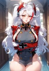 ai_generated azur_lane big_breasts crossed_arms curvy_figure hallway highleg_leotard looking_at_viewer miyuai prinz_eugen_(azur_lane) thighs white_hair