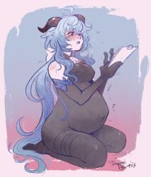 big_belly blue_hair blush bodysuit female_only fetal_movement ganyu_(genshin_impact) genshin_impact horns kneeling large_belly pregnancy pregnant pregnant_female sapphicbump sweatdrop