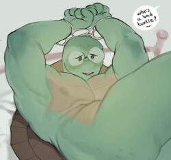 1boy abs anthro armpits ass ass_focus blush bodily_fluids cuffs dialogue_bubble digital_media_(artwork) drooling english english_text furry gay glasses green_body handcuffs hands_up kogito male_only muscular_anthro muscular_male nipples on_bed pecs pectorals reptile shell six_pack_rings solo submissive submissive_male sweat sweating tagme text turtle yaoi