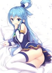 aqua_(konosuba) ass bare_shoulders big_breasts blue_eyes blue_hair blush breasts detached_sleeves embarrassed feet goddess kono_subarashii_sekai_ni_shukufuku_wo! long_hair lying no_panties on_side ponytail skirt thighhighs thighs tomifumi white_thighhighs zettai_ryouiki