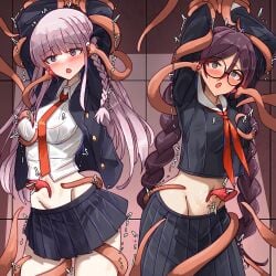 2girls arms_up bakasp-lilzy black_hair black_jacket black_ribbon black_skirt blush bound bound_arms braid collared_shirt cowboy_shot danganronpa:_trigger_happy_havoc danganronpa_(series) frown fukawa_toko glasses grey_hair groin hair_ribbon highres jacket kirigiri_kyoko long_hair long_sleeves miniskirt multiple_girls navel necktie open_clothes open_jacket orange_necktie pleated_skirt rape restrained ribbon round_eyewear shirt side_braid skirt tentacle tentacle_sex tickling twin_braids twintails white_shirt