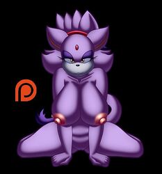 areolae blaze_the_cat breasts cat_ears chaossabre exposed_breasts exposed_pussy eyes_half_open feline female furry huge_breasts looking_at_viewer nipples on_knees pose purple_fur pussy sega sonic_(series)