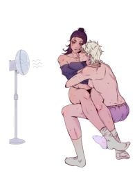 2girls bare_shoulders black_hair black_nails breasts fragment_angel genderswap_(mtf) getou_suguru gojou_satoru hair_up highres hug jujutsu_kaisen multiple_girls red_eyes rule_63 satoru_gojo short_hair sitting sitting_on_person socks suguru_geto sweatdrop topless white_eyelashes white_hair white_socks wholesome yuri