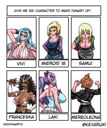 accessory android android_18 back_view bent_over black_clover bleach blonde_female blonde_hair blue_hair brown_hair dragon_ball dragon_ball_z fairy_tail female female_only flexing franceska_mila_rose green_eyes jeans keyaruki laki_olietta lavender_hair mereoleona_vermillion muscular muscular_back muscular_female naruto naruto_(series) naruto_shippuden nefertari_vivi one_piece orange_hair purple_hair royalty samui short_hair six_fanarts_challenge swimsuit sword