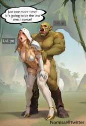 1boy 1girls ai_generated blonde_hair doggy_style female high_heels human human_(world_of_warcraft) human_female interspecies light-skinned_female light_skin luna_(noname55) male male/female nomisai orc orc_(warcraft) orc_male precum stable_diffusion standing_doggy_style thong vagina world_of_warcraft