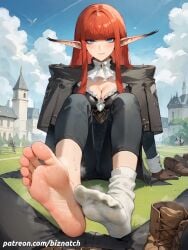 ai_generated ankle_socks auburn_hair barefeet barefoot biznatch blue_eyes boots boots_removed brown_boots brown_gloves cleavage cleavage_window clothed_female clothed_male colored_inner_hair crotch detailed_background dipstick_ears eiselin_hulkenberg elf elf_ears exposed_feet feet feet_focus female female_focus foot_fetish foot_focus gloves grass hime_cut horizontal_ears hulkenberg imminent_footjob inner_hair jacket knight leather_boots light-skinned_female light_skin long_ears long_hair lynx_ears male male_pov metaphor:_refantazio one_sock_on orange_hair outdoors pointy_ears pov shoulder_pads smell smelly_feet sock socks soles soles_of_feet_in_socks solo solo_female solo_focus straight_hair sweaty_feet sweaty_socks toes undressing white_socks