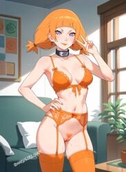 1girls ai_generated bare_shoulders blunt_bangs boruto:_naruto_next_generations bottomless bra breasts choker cleavage collarbone curvaceous curvy curvy_female curvy_figure earrings exposed_breasts female female_only female_pubic_hair garter_belt garter_straps high_resolution indoors jewelry kazamatsuri_moegi konohagakure_symbol kunoichi lingerie lipstick living_room long_hair looking_at_viewer makeup micro_bikini midriff narugirlshot naruto navel ninja no_panties orange_hair orange_lingerie orange_pubic_hair peace_sign petite pinup pubic_hair purple_eyes pussy_juice skimpy small_breasts smile solo standing stockings tied_hair twintails underboob underwear v_sign watermark wet wet_pussy wide_hips