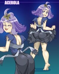 :3 acerola_(pokemon) ass ass_focus back_view barefoot bubble_butt curvy curvy_figure dress female female_focus female_only flat_chest hair_ornament lifting lifting_clothing looking_at_viewer pale-skinned_female pale_skin pokemon pokemon_sm purple_hair schlumper smug_face tight_clothing