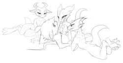 3_toes 4_fingers anthro anthro_on_anthro arm_grab bedroom_eyes black_and_white breasts erection feet female female_on_top group half-closed_eyes horn interspecies kobold licking licking_lips lying male mammal monochrome naughty_face nipples non-mammal_breasts nude on_back on_front on_top outercourse paizuri penis rat reptile rodent scalie seductive sex simple_background sketch soles straight toes tongue tongue_out voyeur w4g4 white_background