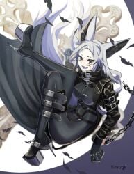 1girl animal_ears bat belt black_footwear bodysuit bondage breasts broken broken_chain cape chain chained cuffs dya_rikku_(vtuber) face_markings female fox_ears full_body gloves grey_eyes grin high_heels long_hair looking_at_viewer shackles silver_eyes silver_hair skin_tight smile solo teeth virtual_youtuber vyugen white_eyes white_hair wolf_ears