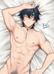 1boy abs asaifrit blush bushy_pubes genshin_impact kinich_(genshin_impact) male male_focus male_only muscular muscular_male pubic_hair twunk