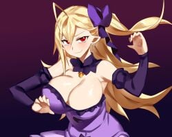 ahoge asymmetrical_hair bare_shoulders blonde_hair blush bow breasts carmilla_vanstein cleavage closed_mouth collar detached_collar detached_sleeves dress earrings female female_focus gradient_background hair_between_eyes hairbow hataage!_kemono_michi jewelry large_breasts long_hair looking_at_viewer pointy_ears purple_background purple_bow purple_collar purple_dress purple_sleeves red_eyes side_ponytail smile smug solo strapless strapless_dress upper_body vampire yostxxx