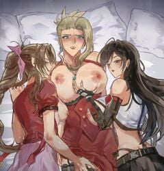 3girls aerith_gainsborough breast_sucking breast_sucking_envy final_fantasy final_fantasy_vii final_fantasy_vii_remake imminent_breast_sucking lesbian lesbian_focus pillow scarlet_(ffvii) tagme tifa_lockhart yuri