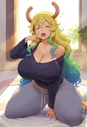 1girls after_sex ai_generated bed bedroom blonde_hair breasts curvy female huge_breasts kobayashi-san_chi_no_maidragon lizard_brain lucoa lucoa_(maidragon) massive_breasts miss_kobayashi&#039;s_dragon_maid morning morning_after pajamas quetzalcoatl_(dragon_maid) voluptuous_female yawning