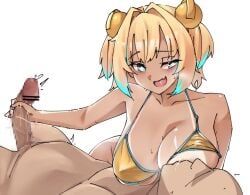 +_+ 1boy areola_slip bar_censor bikini blonde_hair blue_eyes blue_hair blush bombergirl breast_sucking breasts censored covered_nipples erection female gold_bikini grenade_hair_ornament handjob large_breasts looking_at_another mosaic_censoring multicolored_hair nouka nursing_handjob oerba_yun_fang open_mouth penis pine_(bombergirl) short_hair simple_background skin_fang smile smug solo_focus straight swimsuit tan tanlines two-tone_hair upper_body white_background yellow_pupils